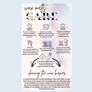 May include: A white and black illustrated guide with instructions on how to care for wax melts and clean the wax burner. The text includes "wax melts care", "3 hours", "Never use cleaning products on the wax warmer as the chemicals may release harmful gases when warmed." and "cleaning the wax burner".