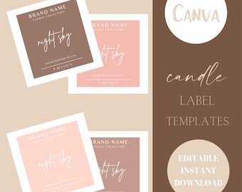 May include: Four candle label templates with a pink and brown color scheme. The text on the labels reads "BRAND NAME CANDLE COLLECTION night sky HANDCRAFTED IN USA 8 oz | 227 g". The text "CANVA candle LABEL TEMPLATES EDITABLE INSTANT DOWNLOAD" is also visible.