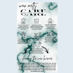 May include: A green and white marble-patterned guide for wax melt care. The guide includes instructions for using a wax warmer, cleaning the wax burner, and safety tips. The text includes phrases like "Enjoy Your Wax Melts", "Wax Melts Care", "Cleaning the Wax Burner", and "Never Use Cleaning Products".