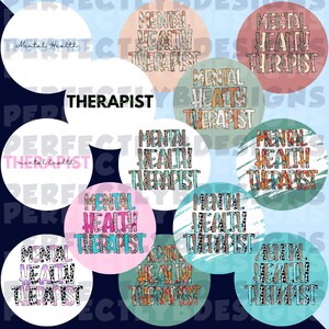 Pu&ograve; includere: Dieci adesivi rotondi con un design a stampa leopardata. Gli adesivi dicono "Mental Health Therapist" in testo rosa, bianco e nero.