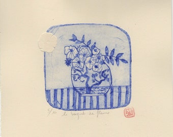incisione, opera originale su carta, linoleum, monotipo, piccolo formato, blu, cianotipia