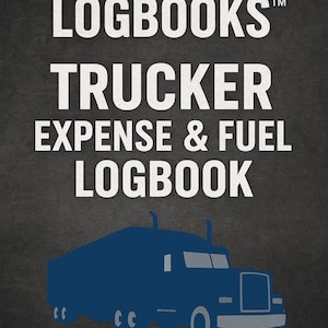 Könnte beinhalten: Auf dunklem, grauem Hintergrund steht in weißer Schrift: "DIESELWORKS LOGBOOKS™ TRUCKER EXPENSE & FUEL LOGBOOK". Eine blaue Silhouette eines Lastwagens befindet sich unten. Ein blauer Streifen unten.