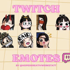May include: A set of Twitch emotes featuring various cartoon characters with different expressions. The emotes are designed in a colorful anime style and include characters with red, black, and blue hair. The text "TWITCH EMOTES BY @HOPESKREATIVWERKSTATT" is displayed below the emotes.