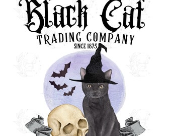 Black Cat Trading Co Halloween PNG Sublimacja Natychmiastowe pobieranie | Czarny kot Wydrukowany projekt | Halloween PNG Obraz | Sublimacja Koszulka Plik