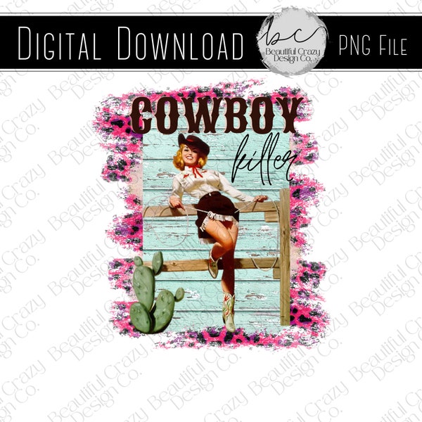 Vintage Cowgirl PNG Digital File, Sublimation Instant Download, Cowboy Killer Retro Girl, Rustic Leopard Print Design, Vintage Clipart