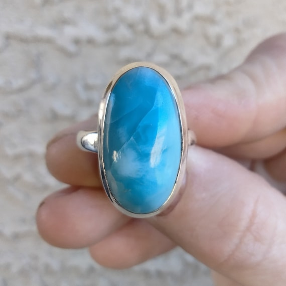 Natural Larimar Ring 925 Sterling Silver Ring Gemstone Ring Boho