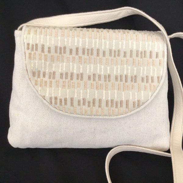 Sac bandoulière beige en toile et tissu jacquard