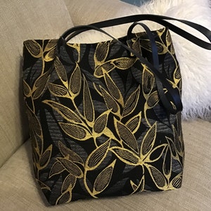 Sac à main Cabas noir jaune doré - anses en cuir noir