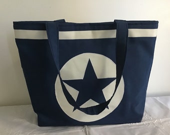 Blue and white canvas tote handbag