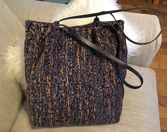 Sac à main Cabas noir bleu et orange - anses en cuir noir