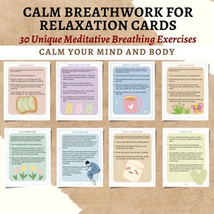 Tarjetas de relajación con técnicas de respiración tranquila / 30 tarjetas únicas de meditación y respiración consciente para imprimir / Alivio del estrés / Curación de la salud mental