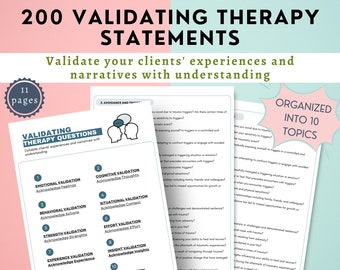 Può includere: Un prodotto digitale intitolato "200 Dichiarazioni di terapia di convalida" con 11 pagine. Il prodotto convalida le esperienze e le narrazioni dei clienti. L'immagine mostra un elenco di domande di terapia organizzate in 10 argomenti, tra cui la convalida emotiva, cognitiva e comportamentale.