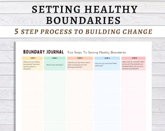 May include: A printable worksheet with a light blue, light green, light orange, and light pink background. The worksheet is titled "Boundary Journal" and includes five steps to setting healthy boundaries. The steps are: 1. Where are you lacking boundaries? 2. What is your end goal? 3. Identify your barriers and fears. 4. How can you overcome these obstacles? 5. Make rules for yourself.