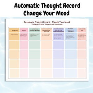 Automatische gedachten CGT-werkblad | Verander je humeur | Geestelijke gezondheidsdagboek | Gedragstabel | Tijdschriften over emotionele therapie