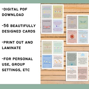 May include: A set of 56 printable cards with colorful illustrations and text. The cards feature positive affirmations and thought patterns to help with personal growth. The text on the cards includes phrases like "Old Thought Pattern" and "New Thought Pattern".