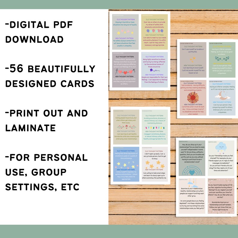 May include: A set of 56 printable cards with colorful illustrations and text. The cards feature positive affirmations and thought patterns to help with personal growth. The text on the cards includes phrases like "Old Thought Pattern" and "New Thought Pattern".