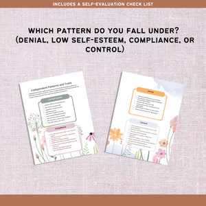 May include: A printable worksheet with a floral design and the text "Codependent Patterns and Traits" with a checklist for "Low Self-Esteem", "Compliance", "Control", and "Denial".