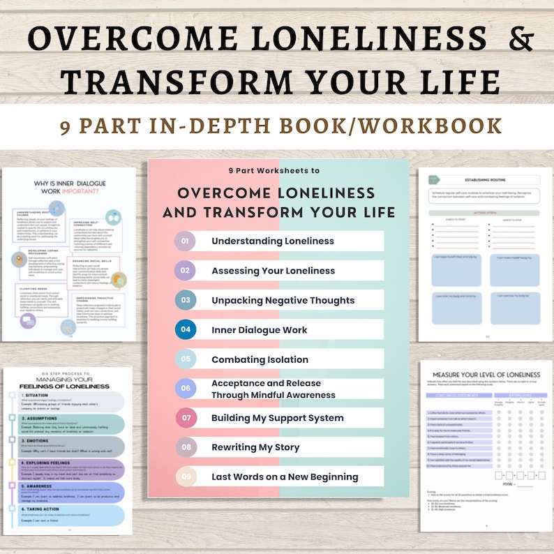 May include: A pink and blue workbook titled "Overcome Loneliness & Transform Your Life" with the subtitle "9 Part In-Depth Book/Workbook". The workbook includes nine worksheets to help overcome loneliness and transform your life.