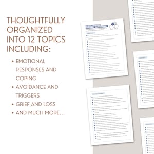May include: A printable worksheet with the title "Redirecting Therapy Questions" and a list of questions to encourage client self-reflection. The worksheet is organized into sections for emotions, coping strategies, and behaviors.