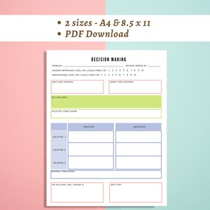 May include: A printable decision-making worksheet with sections for problem, decision importance level, indecisiveness level, best case scenario, worst case scenario, gut feelings, intuitive conclusion, positives, negatives, solution 1, solution 2, solution 3, rational conclusion, the solution I will choose is, and next step.