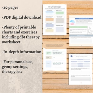 May include: A digital download of a printable workbook with 40 pages of charts, exercises, and information on DBT therapy. The workbook includes sections on building a support system, exploring new hobbies and interests, and managing difficult emotions. The cover of the workbook is light blue with a white cloud and a hand drawing.