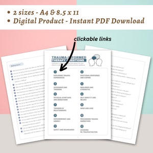 May include: A digital download of a printable PDF workbook with the title "Trauma-Informed Therapy Questions". The workbook is divided into 12 sections, each with a list of questions related to trauma-informed therapy. The workbook is available in two sizes: A4 and 8.5 x 11 inches.