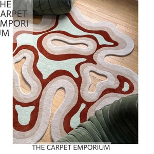 Irregular Amoeba Shaped Throw Rug Illusion Pattern Hand-Tufted 100% Wool Handmade Area Rug Carpet for Home, Bedroom, Living Room, Kids Room