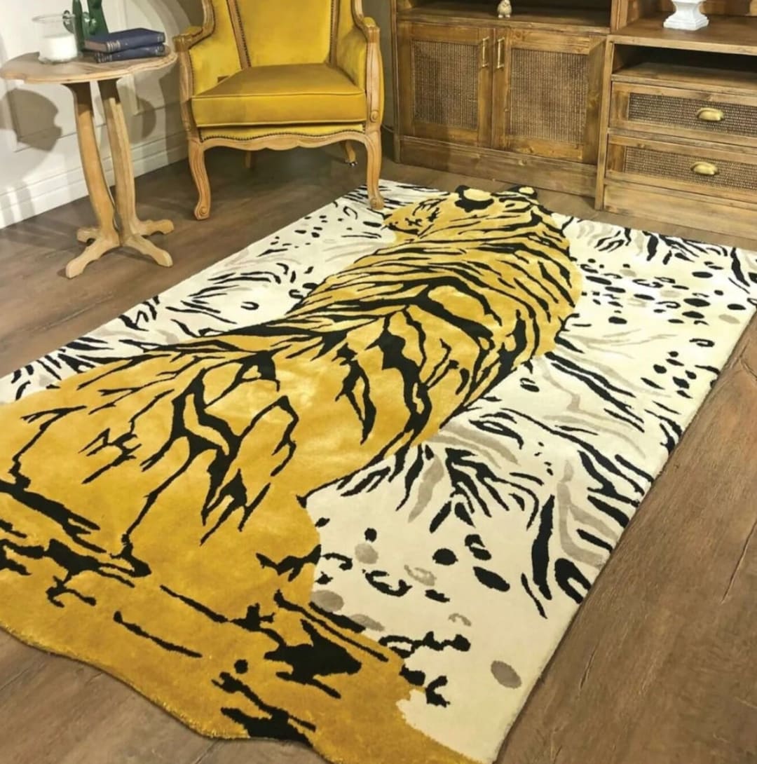 Melting Tiger Animal Print Rug, Hand Tufted Wool Rug Modern Design