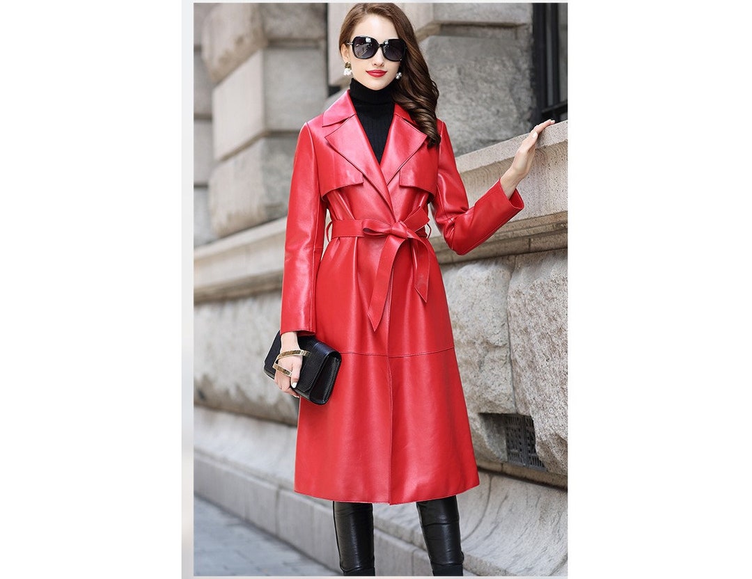 Women Leather Trench Coat Women Sheepskin Red Leather Trench Coat Black