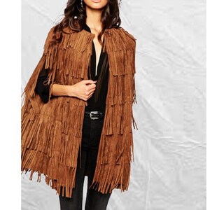 Women Fringe Poncho Suede Leather Cape Jacket Coat Costume Sheepskin Leather Dress Jacket