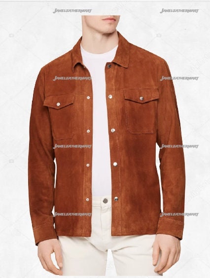 Mens Leather Shirt Jacket Tan Brown New Men Suede Leather