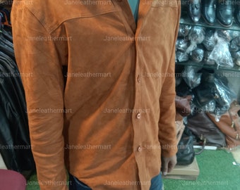 New Mens Suede Leather Shirt Jacket Handmade Men Suede Genuine Leather Jacket
