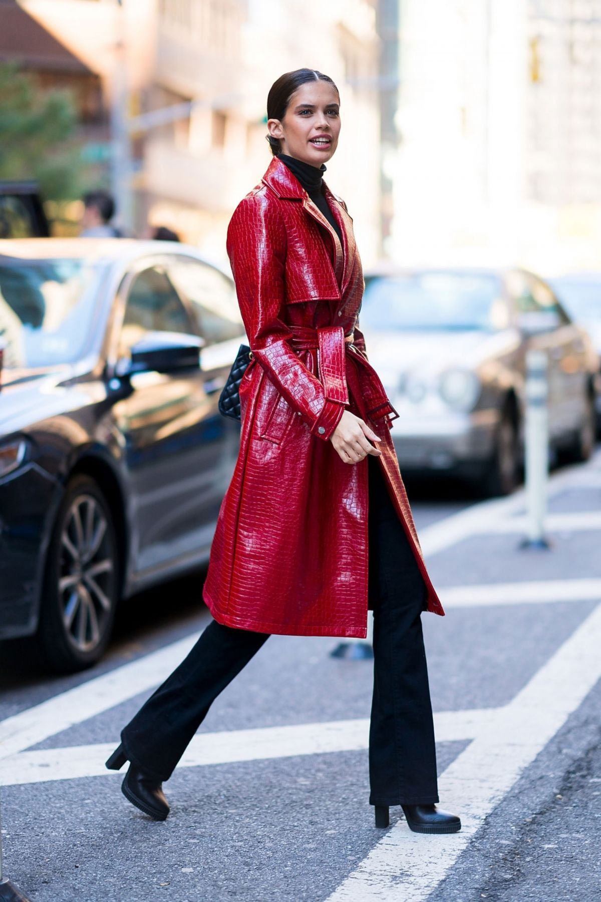 Womens High Fashion Genuine Sheepskin Burgundy Long Leather Trench Coat