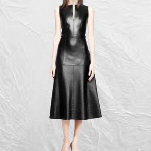 Women leather dress black Genuine Lambskin women gift black leather sleeveless dress gift dancer DS014