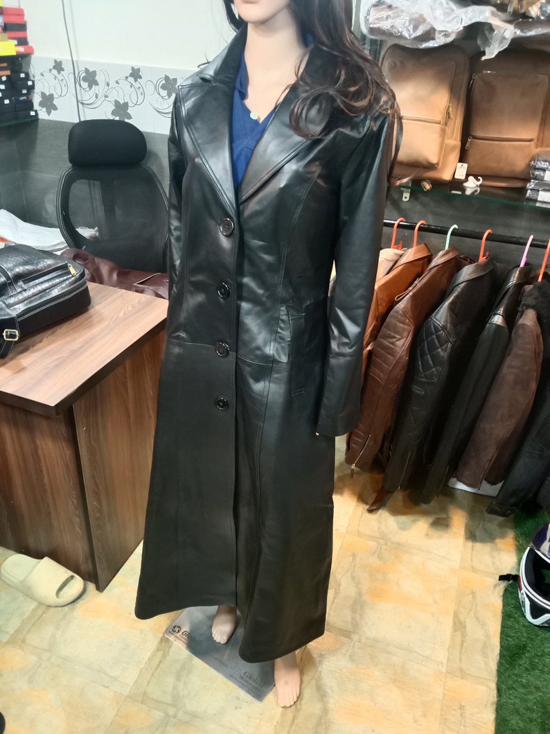 Sheepskin Black Leather Trench Coat Women Long Jacket Women Sheepskin Black Leather Trench Long