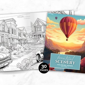 Beautiful Scenery Coloring Pages, Scenes Coloring Book, Printable Color PDF, Adults Kids Instant Download, Grayscale Coloring Book