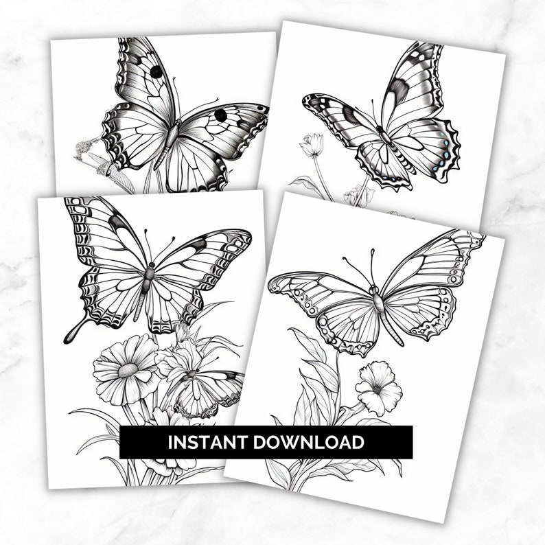 May include: Set of four printable colouring pages featuring black and white illustrations of butterflies with flowers. The text "INSTANT DOWNLOAD" is visible in the bottom centre of the image.