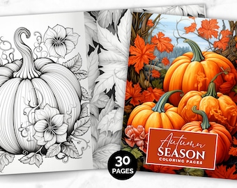 Puede incluir: Un libro para colorear con 30 páginas con ilustraciones de temática otoñal. La portada muestra un primer plano de tres calabazas con tonos naranja y marrón, rodeadas de hojas rojas y naranjas. El título "Autumn Season Coloring Pages" se muestra en la portada.