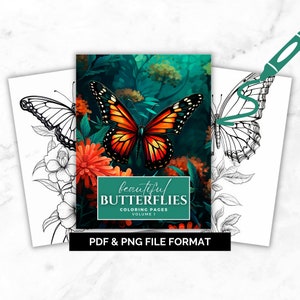 May include: A colouring book cover featuring a colourful butterfly with orange, black and yellow wings against a green and blue background. The title of the book is "beautiful BUTTERFLIES COLOURING PAGES VOLUME 1" and the text "PDF & PNG FILE FORMAT" is at the bottom.