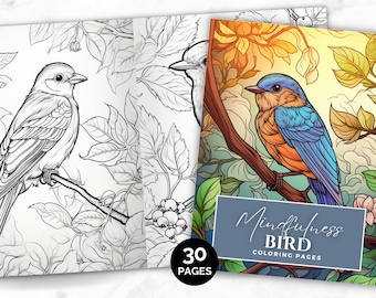 May include: A colouring book with 30 pages featuring a blue and orange bird perched on a branch with leaves. The cover of the book says "Mindfulness Bird Colouring Pages".