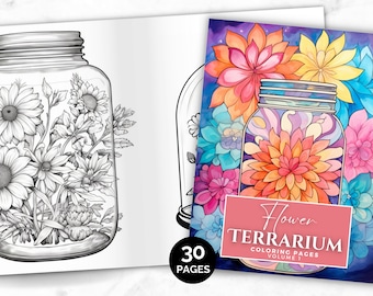 Puede incluir: Un libro para colorear con 30 páginas que presenta terrarios de flores. La portada muestra una ilustración colorida de un frasco de vidrio lleno de flores. El título del libro es "Flower Terrarium Coloring Pages Volume 1".