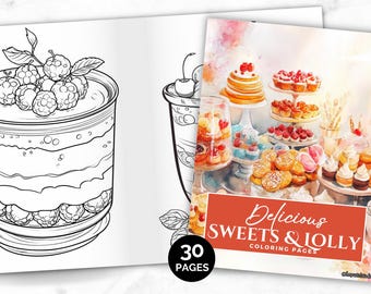 Delicious Sweets & Lolly Coloring Pages, Dessert Coloring eBook, Printable Color PDF, Adults Kids Instant Download, Candy Coloring eBook