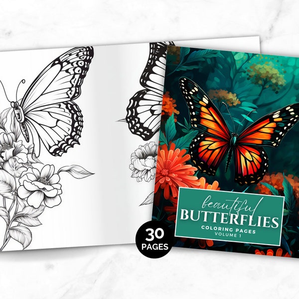 Beautiful Butterflies Coloring Pages, Butterfly Coloring Book, Printable Color PDF, Butterflies and Flowers Art Instant Download