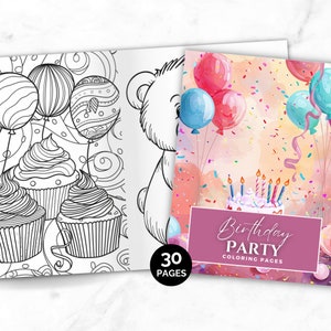 Birthday Party Coloring Pages, Birthday Cake Coloring Book, Printable Color PDF, Birthday Balloon and Present Instant Download