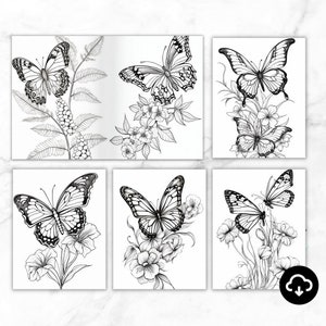 May include: Set of six black and white printable colouring pages featuring butterflies and flowers. Each page features a different butterfly design with intricate details.