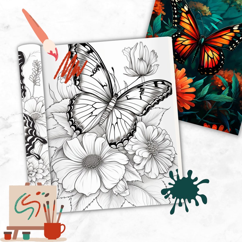 May include: A black and white line drawing of a butterfly with intricate details, surrounded by flowers. The butterfly is centred in the image and has its wings spread wide. The flowers are in bloom and have delicate petals.