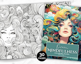 May include: A coloring book with 30 pages featuring ocean-themed illustrations. The cover shows a colorful illustration of a woman with flowing hair, surrounded by swirling patterns. The title of the book is "Ocean Mindfulness Coloring Pages Volume 1".