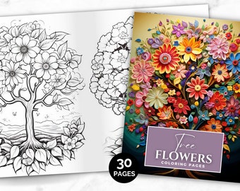 Tree Flowers Coloring Pages, Tree Flower Coloring Book, Printable Color PDF, Tree and Flowers Art, Adults Kids Instant Download