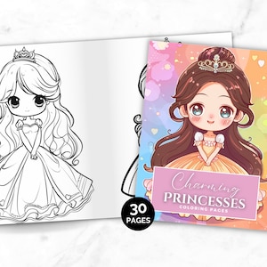 Charming Princess Coloring Pages, Beautiful Princess Gown Coloring Book, Printable Color PDF, Fairytales Coloring Instant Download