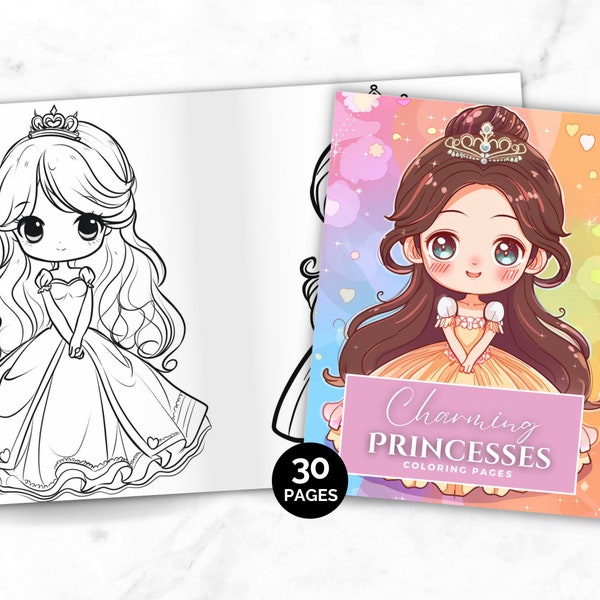 Charming Princess Coloring Pages, Beautiful Princess Gown Coloring Book, Printable Color PDF, Fairytales Coloring Instant Download